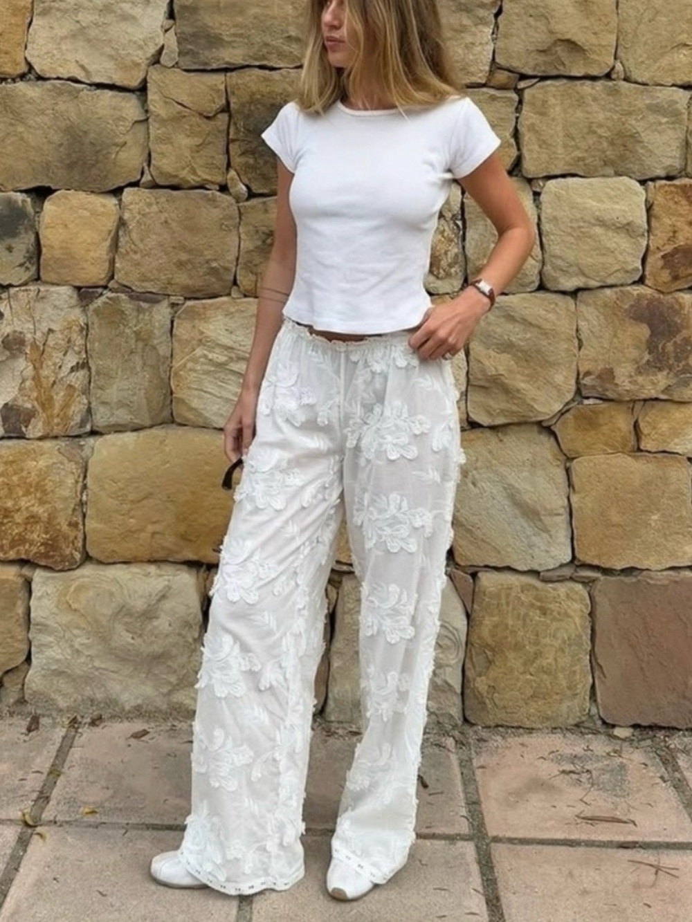 NWT The Garment White Jewell Straight Trousers Floral Embroidery 100% Cotton